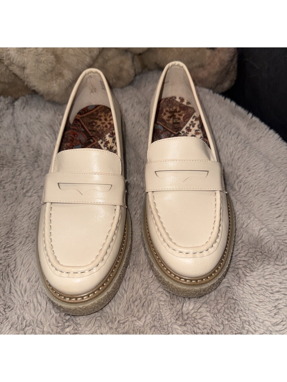 Womens Korks Haidee Beige Leather Lug Sole Wedge Penny Loafers Size 8M